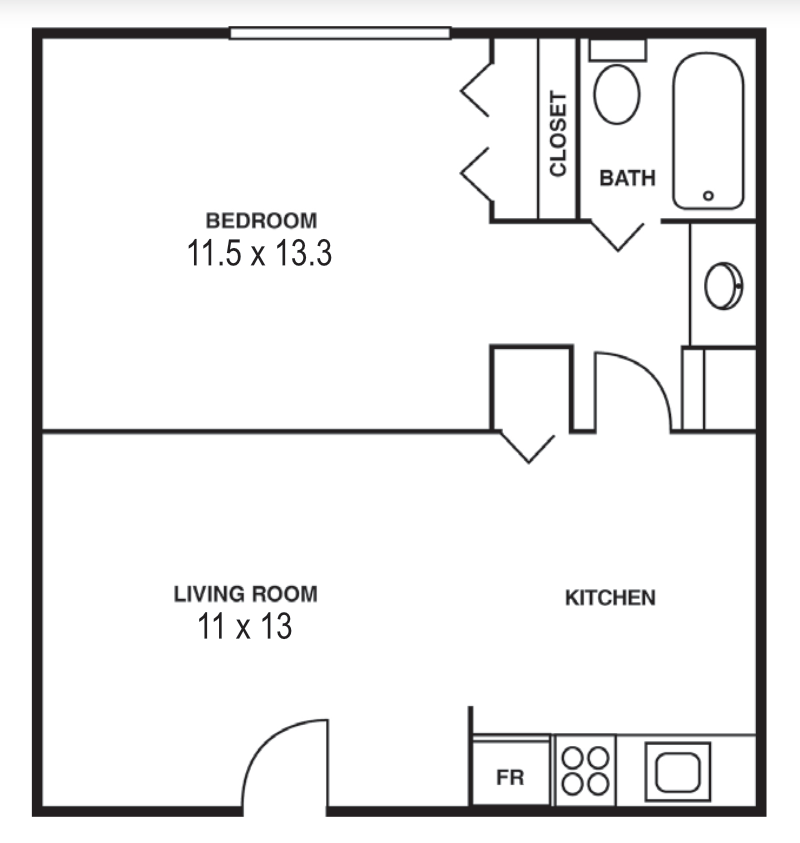Floor plan for 1 bed, 1 bath, 540 sqft